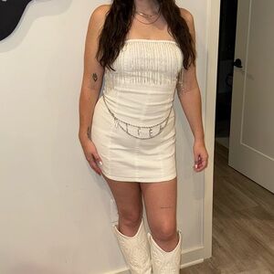 12th Tribe White Denim Fringe Mini Dress